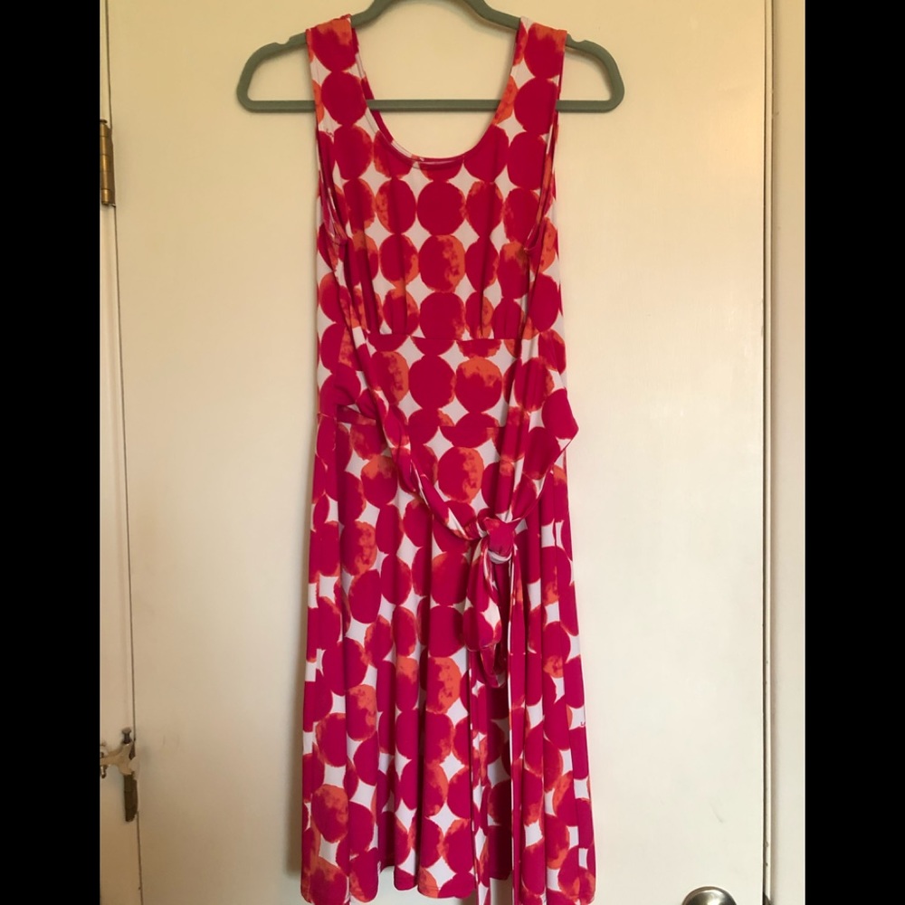 Leota Pink and White Sleeveless Midi Dress with Tie Waist